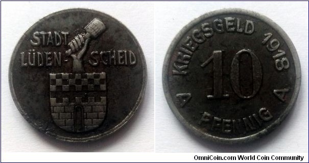 City of Lüdenscheid. Notgeld 10 pfennig. Iron.