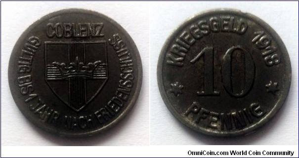 City of Koblenz. Notgeld 10 pfennig. Iron.