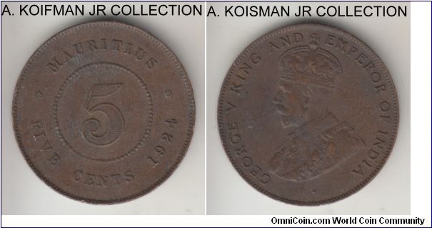 KM-14, 1924 Mauritius 5 cents; bronze, plain edge; George V, brown extra fine details, few edge contact marks.