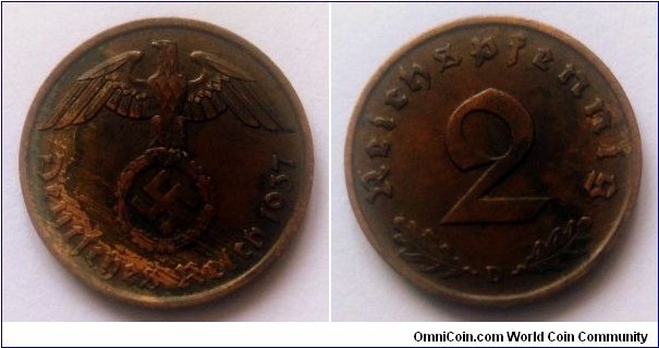 Germany (Third Reich) 2 reichspfennig. 1937 D. Poorly mixed alloy visible on obverse.