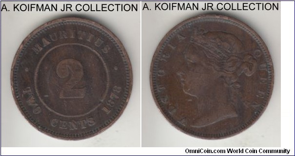 KM-8, 1878 Mauritius 2 cents, Royal Mint (no mintmark); bronze, plain edge; Victoria, smallest mintage of the type, fine, edge contact marks.