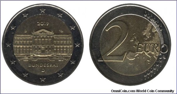 Germany, 2 euro, 2019, Cu-Ni-Ni-Brass, bi-metallic, 8.5g, 25.75mm, Bundesrat.