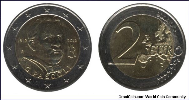 Italy, 2 euro, 2012, Cu-Ni-Ni-Brass, bi-metallic, 8.5g, 25.75mm, G. Pascoli, 1912-2012.