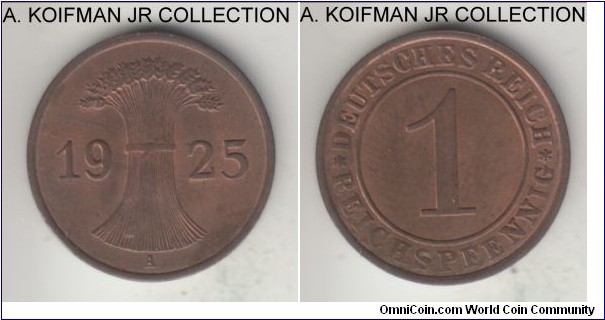 KM-37, 1925 Germany (Weimar Republic) pfennig, Berlin mint (A mint mark); bronze, plain edge; Weimar Republic, red brown uncirculated or almost.