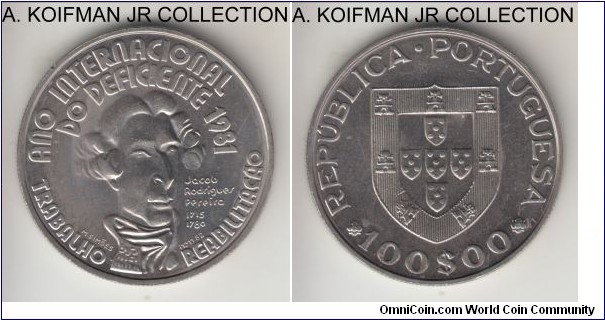 KM-625, ND (1984) Portugal 100 escudos; copper-nickel, reeded edge; circulation commemorative celebrating International Year of Disabled Persons, uncirculated.