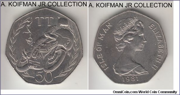 KM-83, 1981 Isle of Man 50 pence, Pobjoy Mint (PM mint mark); copper-nickel, 7-sided flan, plain edge; Elizabeth II, Tourist Trophy (TT) motorcycle races, AB die variety with legent error RARACING, mintage 30,000, average uncirculated or almost.