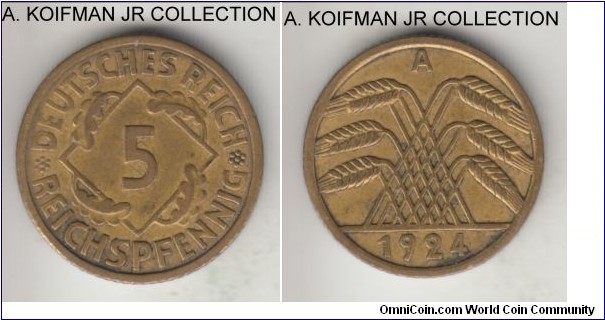 KM-39, 1924 Germany (Weimar Republic) 5 reichspfennig, Berlin mint (A mint mark); aluminum-bronze, reeded edge; early Weimar type, about very fine.