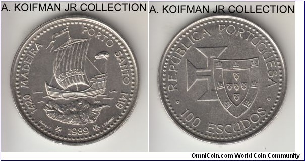 KM-647, 1989 Portugal 100 escudos; copper-nickel, reeded edge; 1-year circulation commemorative celebrating discovery of Madeira and Porto Santo, average uncirculated.