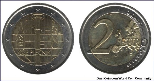 Slovenia, 2 euro, 2022, Cu-Ni-Ni-Brass, bi-metallic, 8.5g, 25.75mm, Joze Plecnik, 1872.