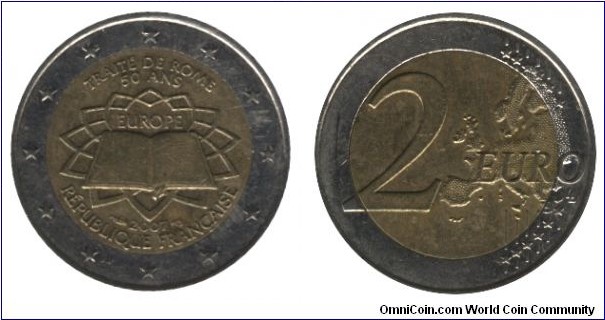 France, 2 euro, 2007, Cu-Ni-Ni-Brass, bi-metallic, 8.5g, 25.75mm, Traité de Rome - 50 ans, Treaty of Rome - 50th Anniversary.