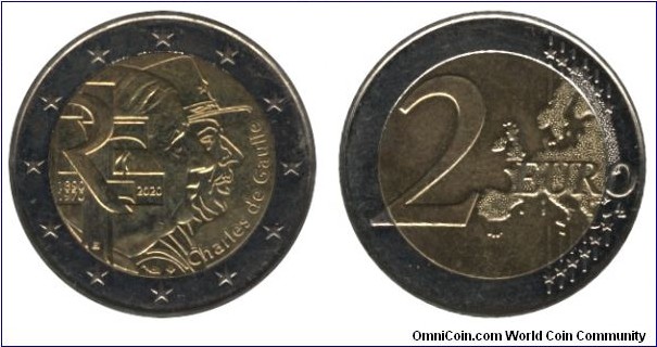 France, 2 euro, 2020, Cu-Ni-Ni-Brass, bi-metallic, 8.5g, 25.75mm, Charles de Gaulle, 1890-1970.