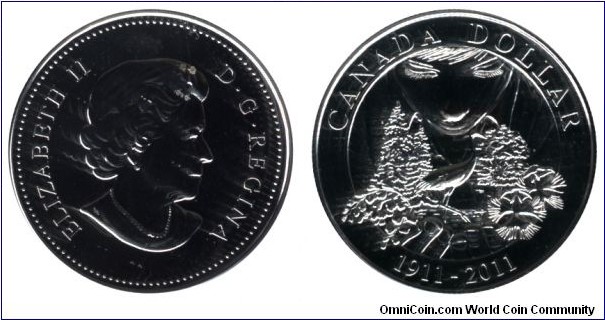 Canada, 1 dollar, 2011, Ag, 25.17g, 36.07mm, Queen Elizabeth II, 100 Years of Parks, Canada.