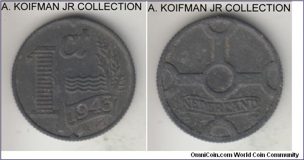 KM-170, 1943 Netherlands cent; zinc, reeded edge; German occupation issue, uncirculated details, but zinc deterioration as common.