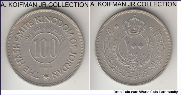 KM-12, AH1382 (1962) Jordan 100 fils; copper-nickel, reeded edge; King Hussein bin Talal, lightly toned choice uncirculated.