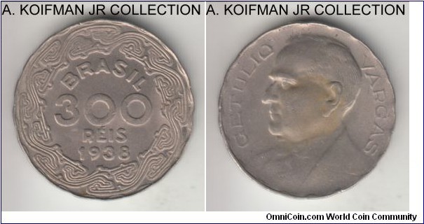 KM-546, 1938 Brazil 300 reis; copper-nickel, scalloped flan, fluted edge; Getulio Vargas circulation type, uncirculated with toned obverse.