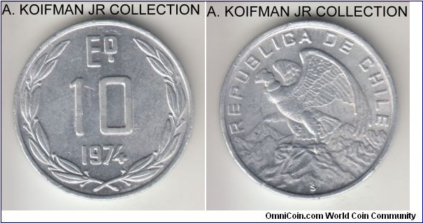 KM-200, 1974 Chile 10 escudos, aluminum, plain edge; bright uncirculated.