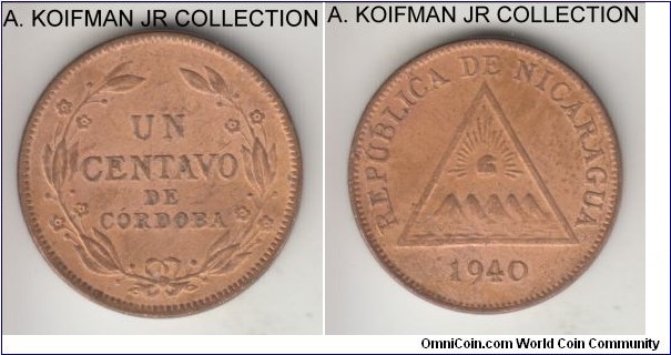 KM-11, 1940 Nicaragua centavo, Philadelphia mint (US); bronze, plain edge; uncirculated or almost.