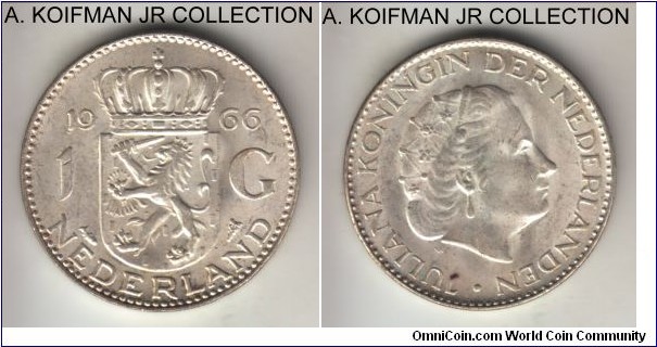 KM-184, 1966 Netherlands gulden; silver, lettered edge; Juliana, white uncirculated.