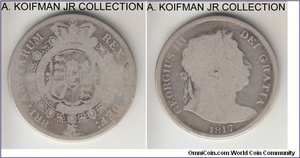 KM-667, 1817 Great Britain 1/2 crown; silver, reeded edge; George III laureate head, worn.