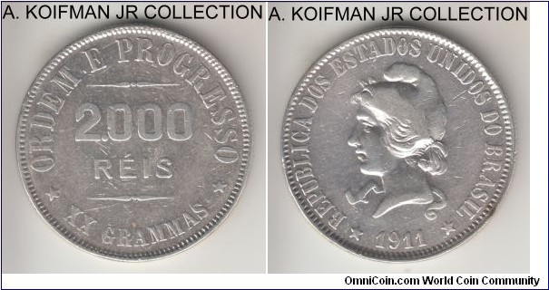 KM-508, 1911 Brazil 2000 reis; silver, reeded edge; Liberty type, very fine or so details, cleaned.