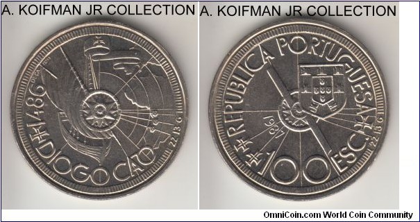 KM-641, 1987 Portugal 100 escudos; copper-nickel, reeded edge; 1-year circulation commemorative from the Portuguese Discoveries series celebrating Diogo Cão, bright uncirculated.