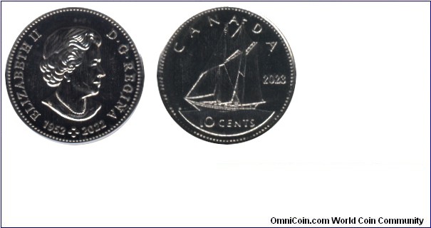 Canada, 10 cents, 2023, Ni-Steel, 1.75g, 18.03mm, Queen Elizabeth II, Scooter.