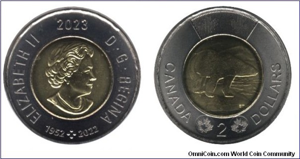 Canada, 2 dollars, 2023, Ni-Steel-Brass-Al-Bronze, bi-metallic, 6.99g, 28mm, Queen Elizabeth II, Polar Bear.