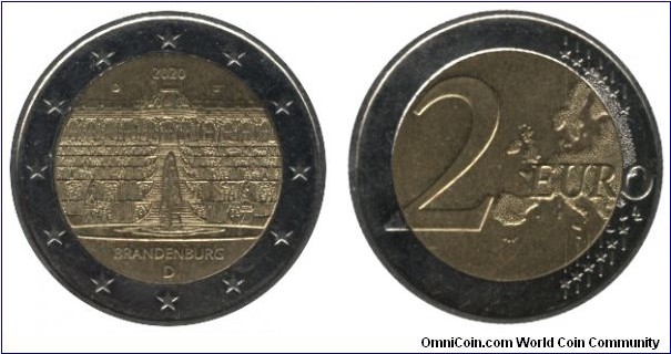 Germany, 2 euro, 2020, Cu-Ni-Ni-Brass, bi-metallic, 8.5g, 25.75mm, MM: D, Brandenburg.