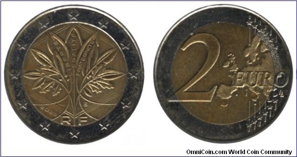 France, 2 euro, 2022, Cu-Ni-Ni-Brass, bi-metallic, 8.5g, 25.75mm, Liberté, Egalité, Fraternité.