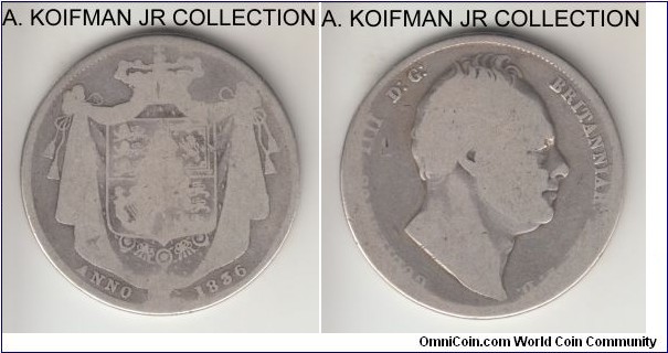 KM-714.2, 1836 Great Britain 1/2 crown; silver, reeded edge; William IV, worn but clear details.