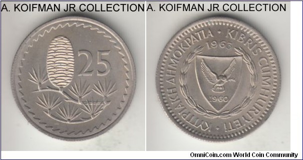 KM-40, 1963 Cyprus 25 mils; copper-nickel, reeded edge; Republican issue, choice uncirculated and light overall toning.