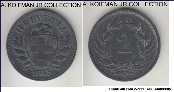 KM-4.2b, 1943 Switzerland 2 rappen, Berne mint (B mint mark); zinc, plain edge; dark toned, good extra fine or so.