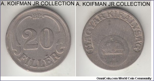 KM-508, 1926 Hungary 20 filler; copper-nickel, plain edge; Horthy regency, average circulated. 