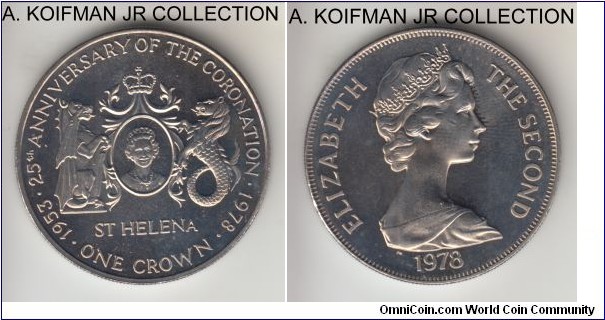 KM-7, 1978 St. Helena & Ascension crown; copper-nickel, reeded edge; Elizabeth II, 25th Anniversary of the Coronation, proof like uncirculated, light reverse toning.