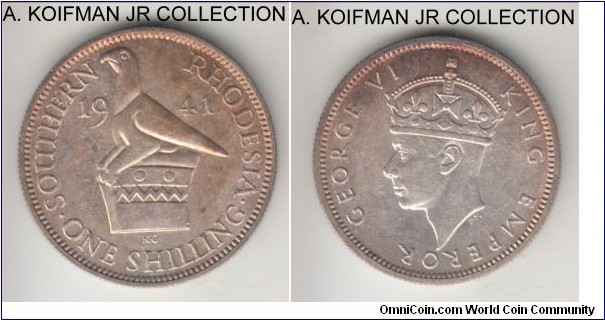 KM-18, 1941 Southern Rhodesia shilling; silver, reeded edge; George VI, borderline uncirculated, some toning in the fields.