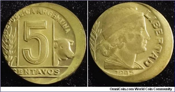 Argentina 1945 5 centavos. Off center error. Nice condition! Weight: 2.08g