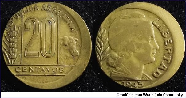 Argentina 1943 5 centavos. Off center error. Nice condition! Weight: 3.87g