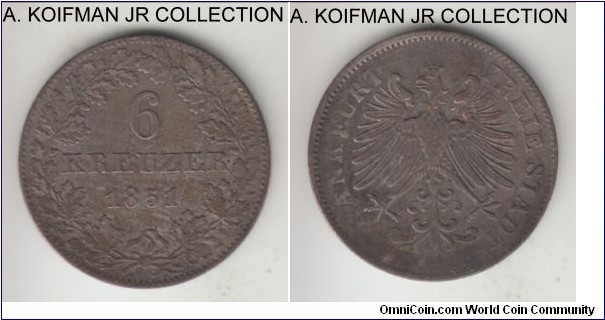 KM-335, 1851 German State Frankfurt am Main 6 kreuzer; silver, square indented edge; Imperial free city standard coinage, dark toned about extra fine.