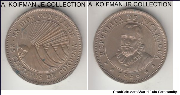 KM-18.1, 1956 Nicaragua 25 centavos; copper-nickel, BNN lettered edge; uncirculated, a tiny edge knock and a couple of small carbon spots.