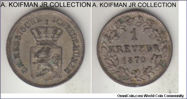 KM-339, 1870 Hesse-Darmstart (German State) kreuzer; silver, plain edge; Ludwig III, late pre-unification coinage, extra fine or so, typically toned due to low silver content.