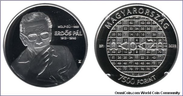 Hungary, 7500 forint, 2023, Ag, 12.5g, 30mm,Paul Erdős, 1913-1996, Wolf prize winner Hungarian mathematician.