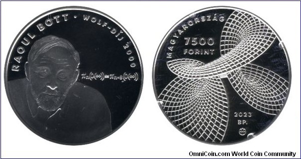 Hungary, 7500 forint, 2023, Ag, 12.5g, 30mm, Raoul Bott, Wolf prize winner in 2000.