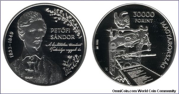 Hungary, 30000 forint, 2023, Ag, 77.76g, 52.5mm, National Song on the printing press, Sándor Petőfi, 1823-1849, 