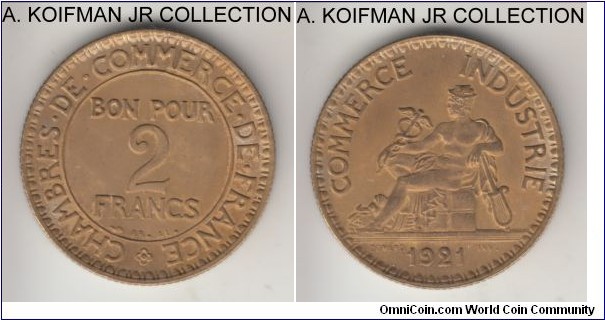 KM-877, France 1921 2 francs; aluminum-bronze, reeded edge; Chambers of Commerce issue, good uncirculated, very light toning. 