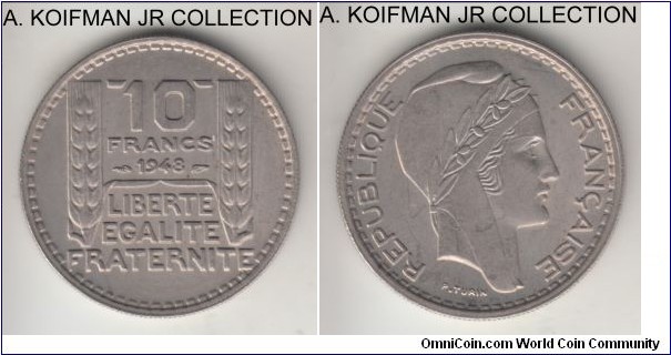 KM-909.1, 1948 France 10 francs, Paris mint (no mint mark); copper-nickel, reeded edge; small head type, average uncirculated.