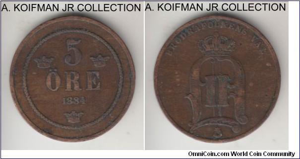 KM-736, 1884 Sweden 5 ore; bronze, plain edge; Oscar II, good fine to almost very fine.