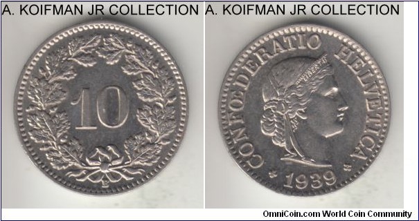 KM-27b, 1939 Switzerland 10 rappen, Bern mint (B mint mark); nickel, plain edge; magnetic, last and more common date, uncirculated or very close.