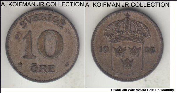 KM-780, 1916 Sweden 10 ore; silver, plain edge; Gustaf V, typical of the type, good fine or about.