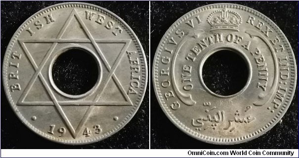 British West Africa 1943 1/10 penny. Nice condition. Weight: 1.91g