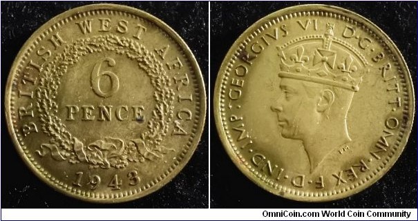 British West Africa 1943 6 pence. Nice condition. Weight: 3.49g